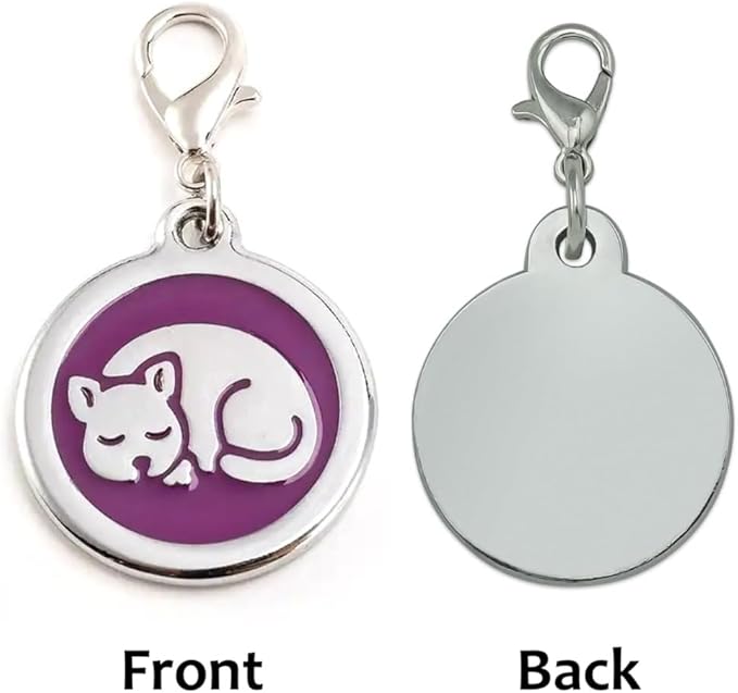 Personalized Sleeping Pet ID Tags with Trigger Snap Hook for Kittens and Cats - cat Name tag for cat Collar (Pink)
