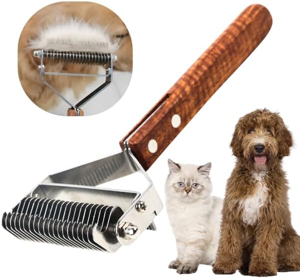 2 in 1 Dogs Cats Dematting Grooming Comb, Perfect Deshedding Undercoat Rake for Poodle & Goldendoodle, Efficiently Detangling Shedding Loose Hair & Matted Fur, All Long Haired Pet (Dark)