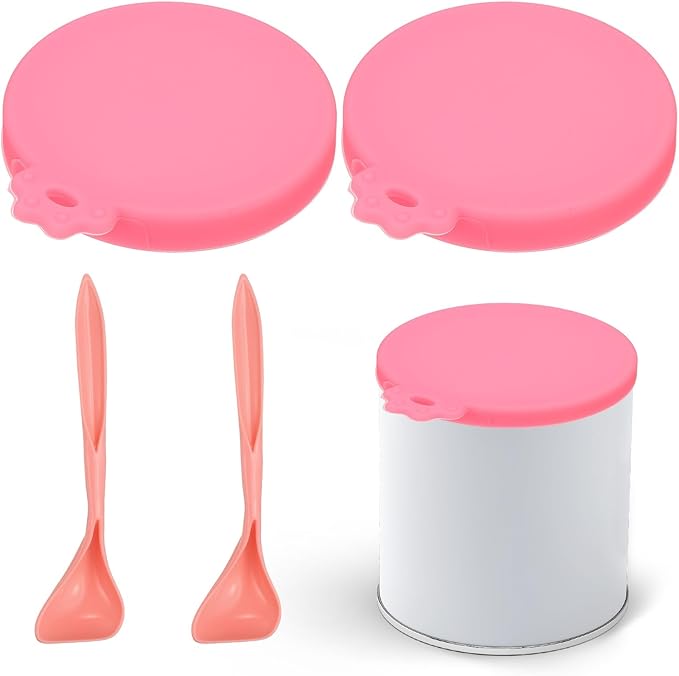 PETAXCELL Cat Food Can Covers Lids, Dog Food Can Lids with Spoons Silicone Toppers Reusable 3 Inch, (Pink, 2Sets), Intended for Dog/Cat/Pet Food
