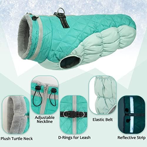 Lelepet Dog Coat Warm Dog Winter Coat Waterproof Dogs Jacket with Harness Built in Reflective Pet Fleece Vest Zip-Up Cold Weather Coats for Dogs Turtleneck & Windproof Coats Chihuahua Mint Green XS