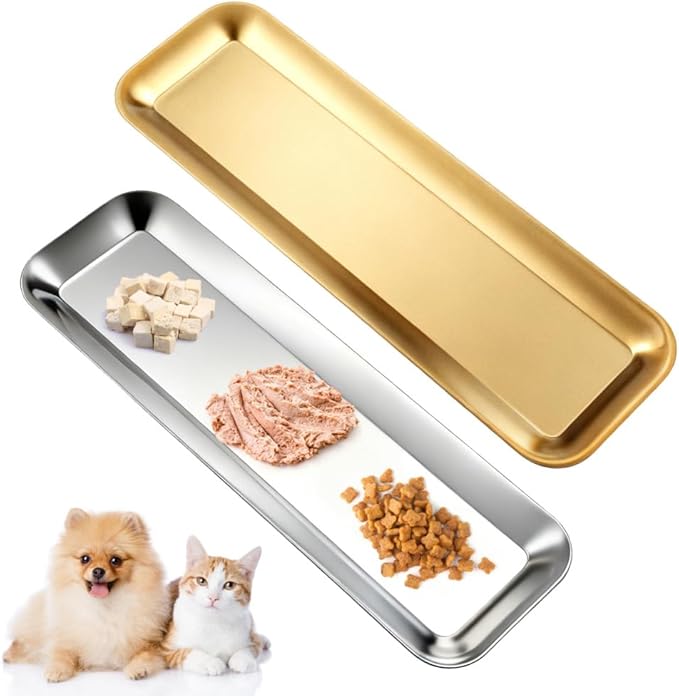 Cat Food Bowl,2 PCS 304 Stainless Steel Wide Rectangular Shallow Kitten Bowls for Small Medium Sized Cats Dogs