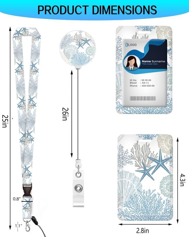 ID Badge Holder with Retractable and Detachable Lanyard, Cute Badge Reel Breakaway Lanyard with Carabiner Clip for Teachers, Nurses, Perfect Work and Office(Sea Shells Coral)