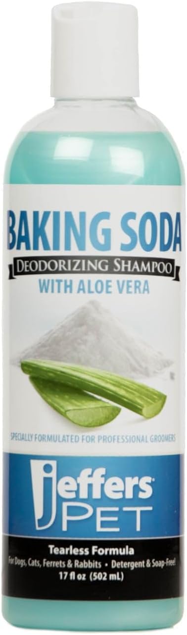 Jeffers Baking Soda Deodorizing Pet Shampoo with Aloe Vera, 17 Oz - Tearless Grooming Shampoo for Dogs, Cats, Puppies, Kittens, Rabbits, Soap & Detergent Free Coat Care with Baby Powder Scent