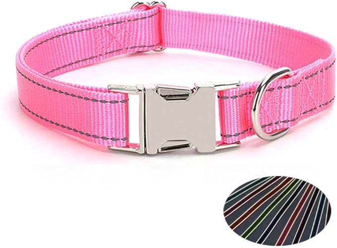 Reflective Dog Collar with Metal Buckle, Heavy Duty Nylon Dog Collars with Metal Quick Release Buckle and D Ring Adjustable for Small Medium Large Dogs or Cats Night Walking (Pink, Medium)