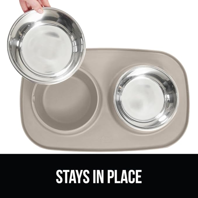 GORILLA GRIP Feeding Mat Set, 4 Cup, Patent Pending 100% Waterproof BPA Free Silicone, Stainless Steel Cat and Dog Bowls, Slip Resistant, High Edges Catch Water Food, US Designed Pet Accessories Beige