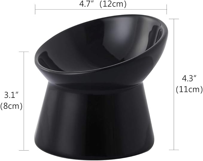 Black Small Ceramic Raised Cat Bowls, Tilted Elevated Food or Water Bowls, Stress Free, Backflow Prevention, Dishwasher and Microwave Safe, Lead & Cadmium Free