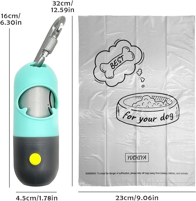 Dog Poop Waste Bags Holder with LED Flashlight|Cute Doggie Poo Bags Dispenser for Pet Leash|Trash Waste Bags Carrier with Potty Bags Clip Fastener LR44 Button Cells Included(2 Pack) (Mint Green)