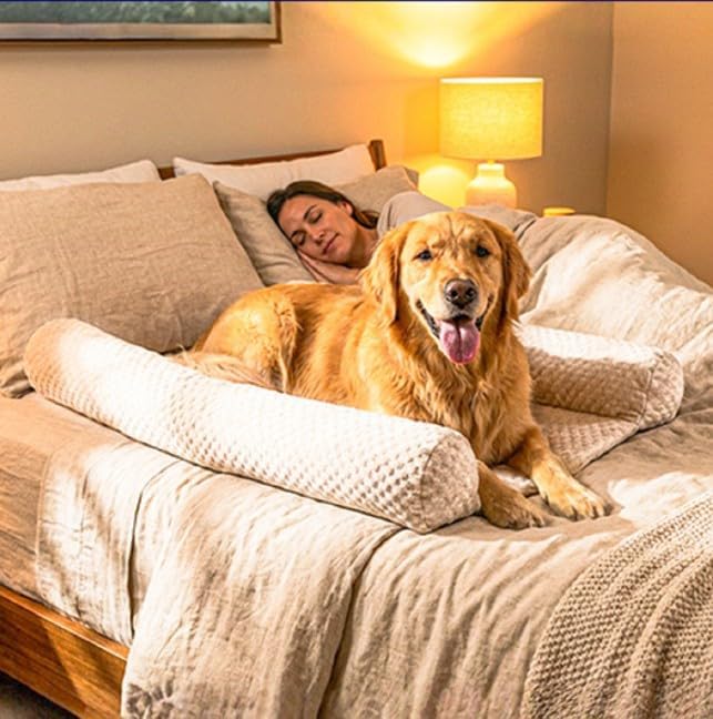 DenMate Does Your Pet Sleep ON TOP of You at Night? Try The First On-Bed Dog-Bed. Designed to Stabilize Nighttime Movement to Improve Dog & Owners Sleep. Machine Washable. Sleep Better Together.