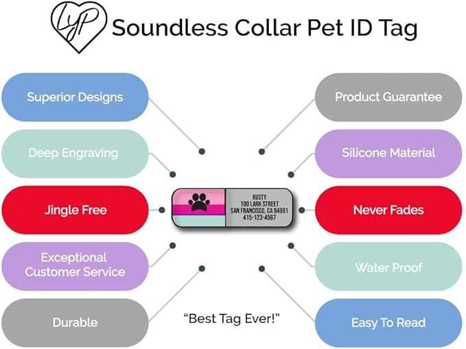 LYP Soundless Slide-On Collar Dog ID Tag - Designer Deep Engraved Silicone – Engraving Will Last - Pet ID Tags, Dog Tags, Cat Tags (Paw - Hot Pink, Medium)
