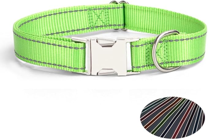 Reflective Dog Collar with Metal Buckle, Heavy Duty Nylon Dog Collars with Metal Quick Release Buckle and D Ring Adjustable for Small Medium Large Dogs or Cats Night Walking (Green, Large)