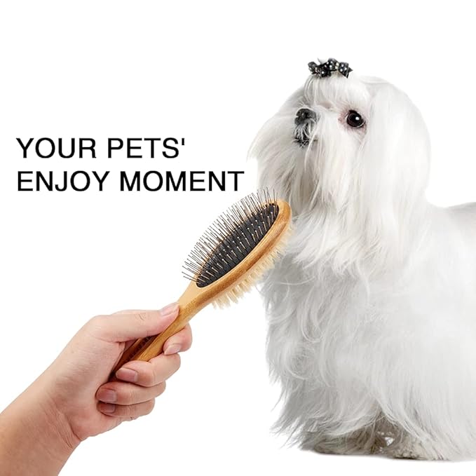 Pet Hair Brush, Double Sided Bristle and Pin Brush for Dog Grooming, Real Boar Bristle Shedding Brush with Bamboo Handle, 1 Pack, White, Oval, Detangle, All Hair Types, Hair Brush