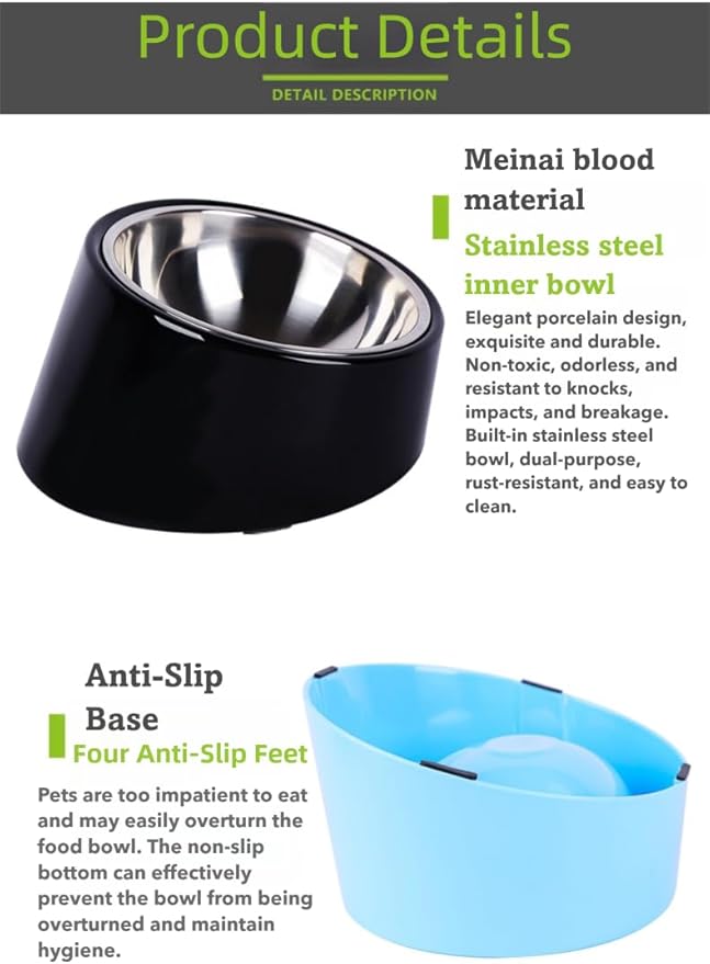 15° Tilted Elevated Dog Bowl, Anti-Choke Non-Slip No-Spill Stainless Steel Pet Feeder, 2-in-1 Detachable Food & Water Dish for Small Medium Large Dogs and Cats, Ergonomic Raised Feeder (Blue, M)