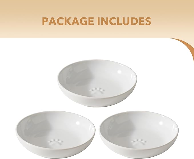 Ceramic Wide Whisker Friendly Cat Dishes, Set of 3 Ceramic Cat Bowls with Paw Print, Anti-Slip Indoor Kitten Feeding Food& Water Dish to Prevent Whisker Fatigue(3 Pcs, White)