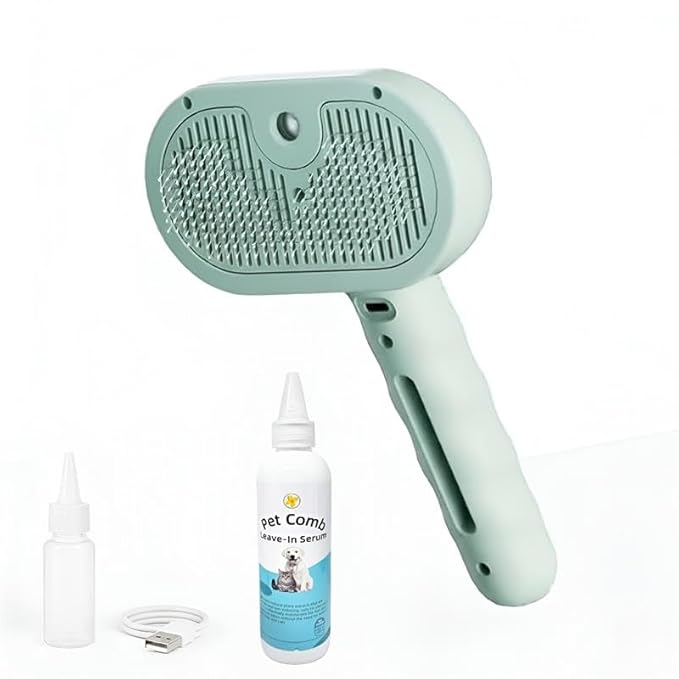 3 in 1 Steam Grooming Brush for Cats & Dogs, USB Rechargeable Hair Removal Comb with Spray Mist & Self Clean Button, Includes 200 ml Shampoo for Indoor Pet Shedding & Detangling, Green