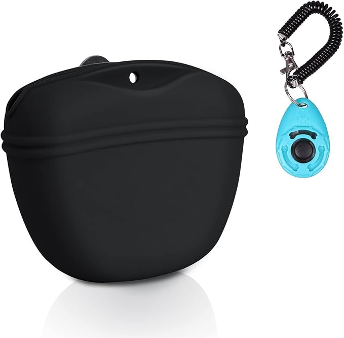 Left&Right Dog Clicker Training Kit,Silicone Dog Training Treat Pouch and Dog Clickers,Dog Treat Bag with Clicker Training for Dogs,Pet Treat Bag with Magnetic Buckle Closing and Waist Clip,Black