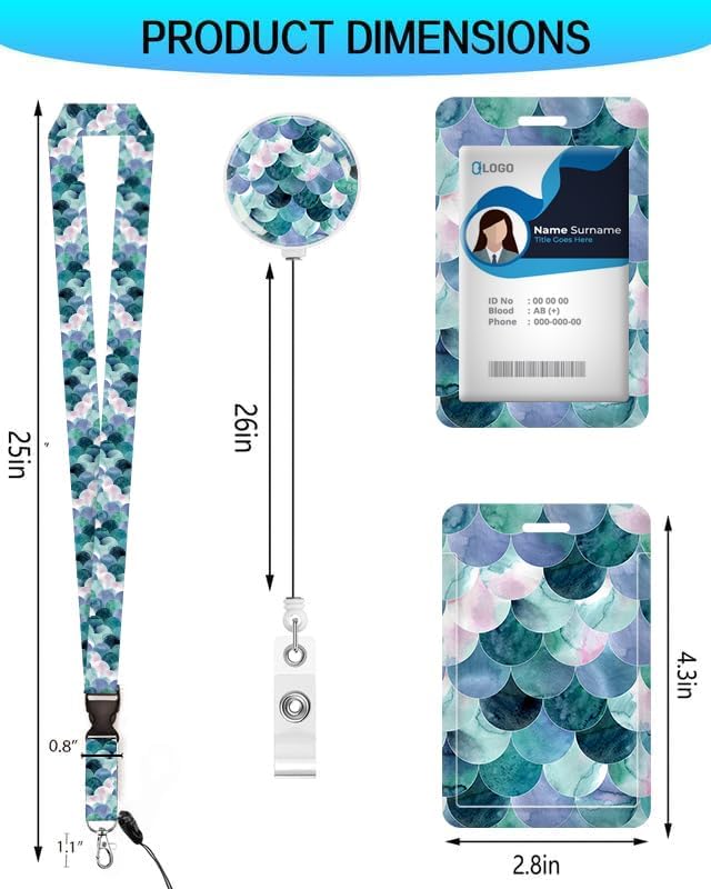 ID Badge Holder with Retractable and Detachable Lanyard, Cute Badge Reel Breakaway Lanyard with Carabiner Clip for Teachers, Nurses, Perfect Work and Office(Green Mermaid Scales)