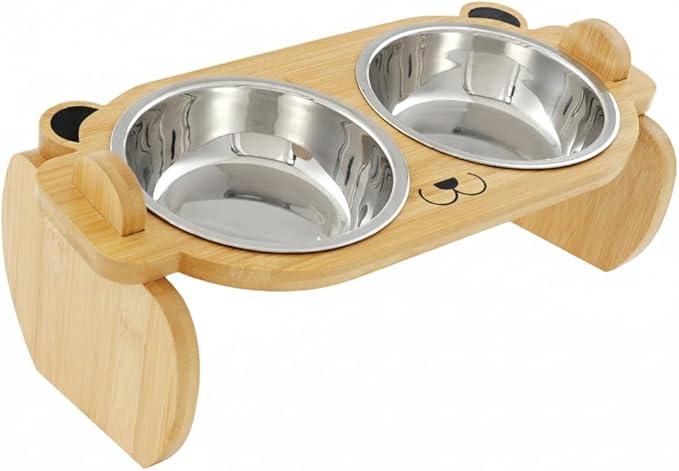 Tilted Elevated Cat Bowls with Food Mat: Removable Stainless Steel Pet Dishes with Bamboo Raised Stand for Cats and Small Dog | Anti Vomiting Whisker Friendly Dishwasher Safe