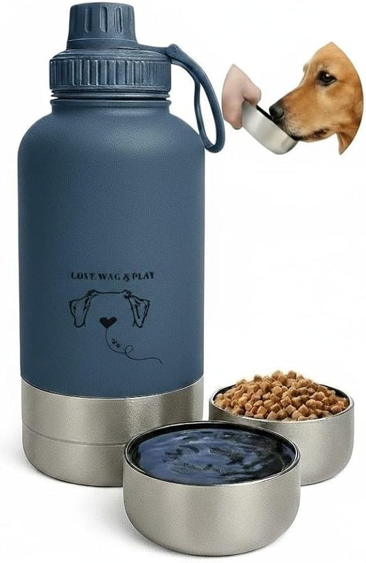 Love Wag & Play Dog Water Bottle Portable – 2 in 1 Stainless Steel Bowl for Food, Water – Leakproof Portable Water Bowl for Dog with Carry Loop – Detachable Design – Ideal for Kibble, Treats - Blue