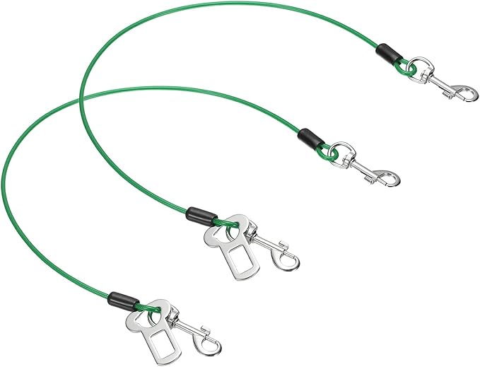 Chew Proof Dog Leash, 24 in Dog Seat Belt Harness with Double Clips Leash Extender Steel Braided Vehicle Tether, (Green, 2 Pcs), Intended for Pet Car Safety/Walking/Training
