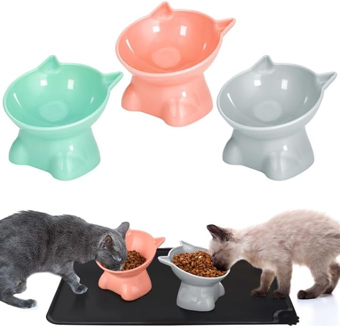 3 Pcs Elevated Cat Bowls 15° Raised Cat Food Bowl with Silicone Pet Food Mat Anti Vomiting Cats Dishes Pet Food and Water Bowls for Indoor Cats and Small Dogs(3 Colors)