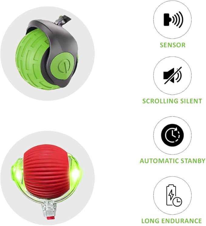 KBLZONE Interactive Cat Ball Toy – Smart Rolling Pet Ball with Obstacle Avoidance, USB Rechargeable, Cord Tail Design – Fun Enrichment Toy for Indoor Cats & Small Dogs (Green + Red)