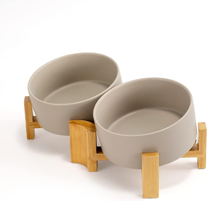 SPUNKYJUNKY 15° Slanted Ceramic Dog and Cat Bowl with Wooden Stand, Tilted Bulldog Food and Water Bowl No Slip Non-Spill for Cats Medium Dogs Big Face Pets 28.7 OZ (3.6 Cups, Grey × 2)