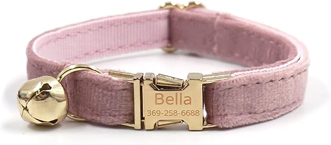Colorful Velvet Custom Cat Collar, Personalized Cat Collar with Name, Engraved Collar for Small Large Cat Kitten with Bell (Champagne Pink,S)