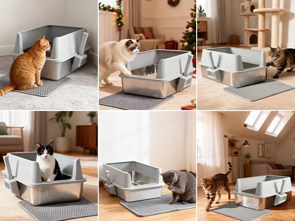 Stainless Steel Litter Box — Metal Litter Box with Lid & Mat, High-Sided, Non-Stick, Easy Clean, Odor-Free Stainless Steel Cat Litter Boxes XL for Indoor & Multiple Cats, Large Cat Litter Boxes