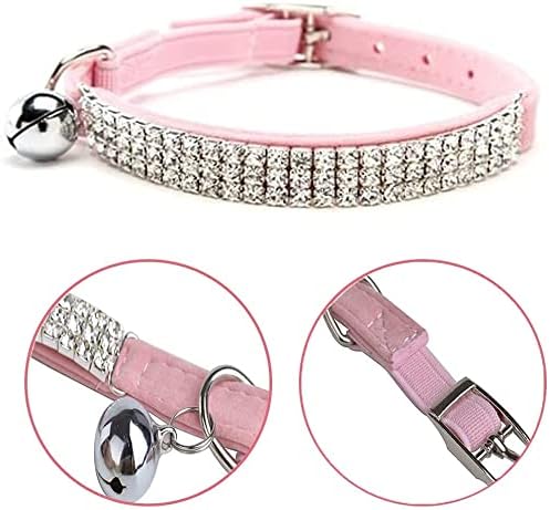CHUKCHI Soft Velvet Safe Cat Adjustable Collar Bling Diamante with Bells,11 inch for Small Dogs and Cats (Pink- 2 Pack)