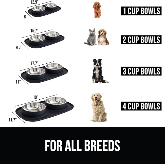 GORILLA GRIP Feeding Mat Set, Patent Pending 100% Waterproof BPA Free Silicone, Stainless Steel Cat and Dog Bowls, Slip Resistant, High Edges Catch Water Food, US Designed Pet Accessories, 2 Cup Black