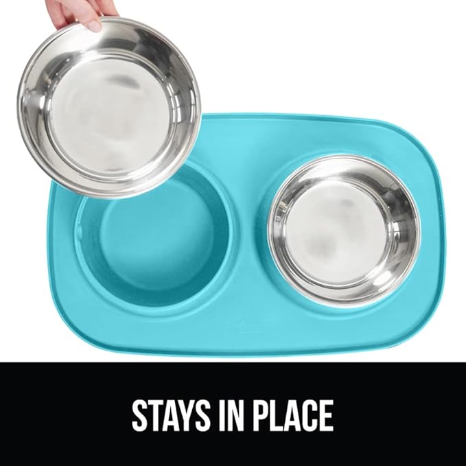 GORILLA GRIP Feeding Mat Set, Patent Pending 100% Waterproof BPA Free Silicone, Stainless Steel Cat and Dog Bowls, Slip Resistant, Edges Catch Water, Food, US Designed Pet Accessories, 1 Cup Turquoise