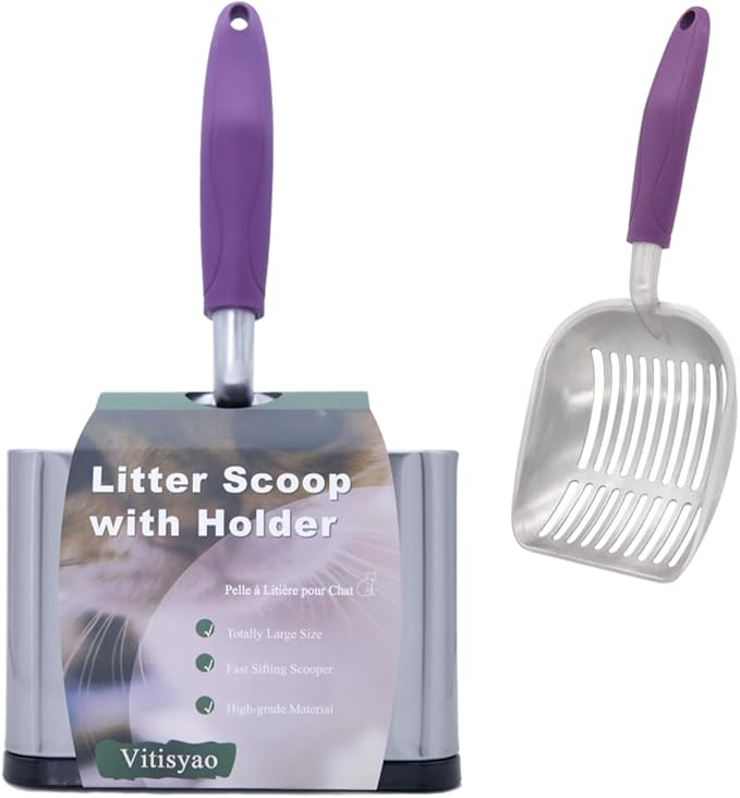 Metal Heavy Duty Cat Litter Scoop with Holder, Stainless Steel Kitty Litter Scooper Caddy for Litter Box, Aluminum Speed Sifter with Non-Slip Handle
