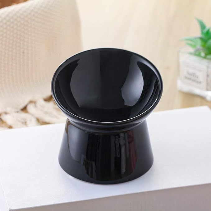 Black Small Ceramic Raised Cat Bowls, Tilted Elevated Food or Water Bowls, Stress Free, Backflow Prevention, Dishwasher and Microwave Safe, Lead & Cadmium Free