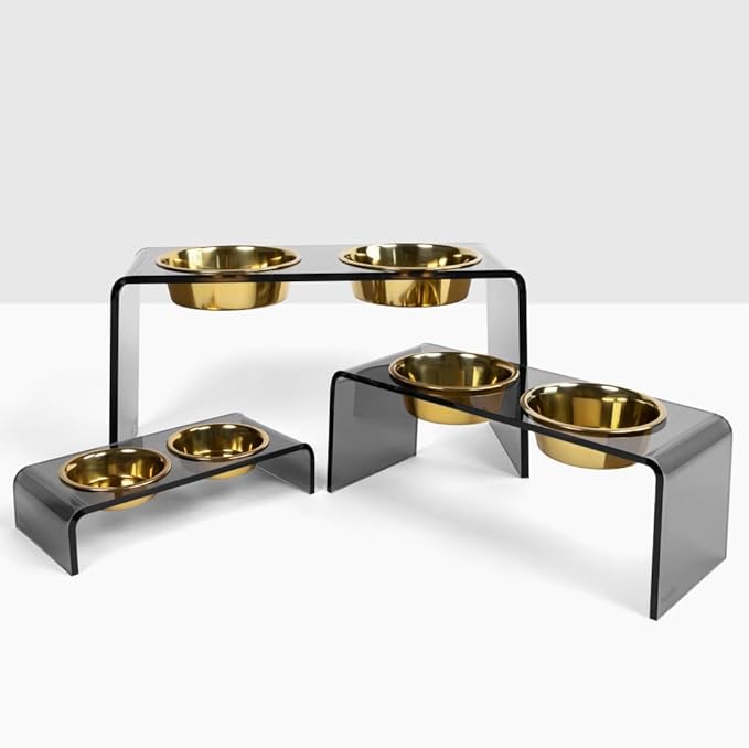 Hiddin Double Elevated Dog Bowl Stand for Small or Medium Dogs, All Breeds, Smoke Grey Acrylic 7 Inch Raised Dog Bowl Stand with Two Gold Bowls for Food and Water - 3.5 Cups Each Dish