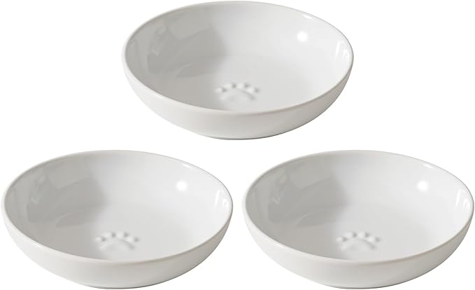 Ceramic Wide Whisker Friendly Cat Dishes, Set of 3 Ceramic Cat Bowls with Paw Print, Anti-Slip Indoor Kitten Feeding Food& Water Dish to Prevent Whisker Fatigue(3 Pcs, White)