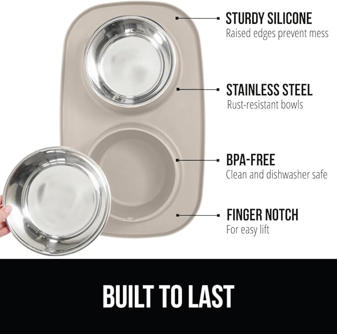 GORILLA GRIP Feeding Mat Set, Patent Pending 100% Waterproof BPA Free Silicone, Stainless Steel Cat and Dog Bowls, Slip Resistant, High Edges Catch Water Food, US Designed Pet Accessories, 2 Cup Beige