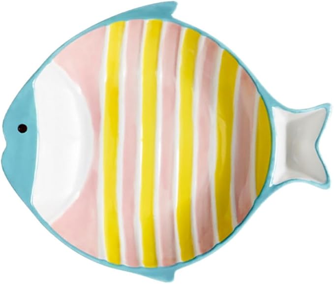 SHINEOFI Fish Shape Ceramic Cat Water Bowl, Multi-Function Household Kitten Bowl for Indoor Cats, Pink and Yellow Striped Pet Feeding and Water Dish