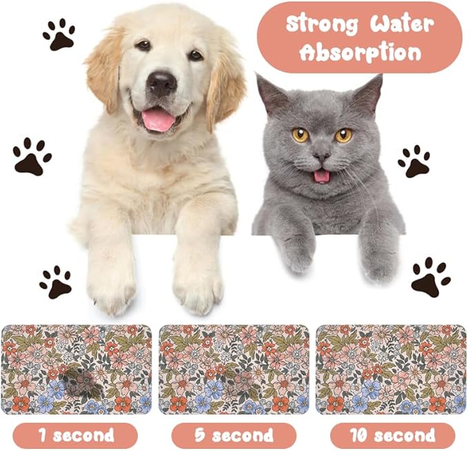 Dog Food Mats for Floors Waterproof, Cat Water Bowl Mats Pet Feeding Absorbent Placemats Flower 24 * 32 inch