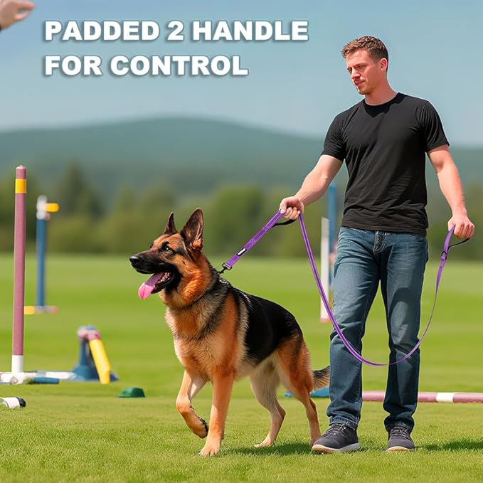 Heavy Duty Double Handle Dog Leash 6 ft Long for Total Control, Padded 2 Handle, Reflective Training Lead for Medium Large Dogs (Purple, 6 FT)