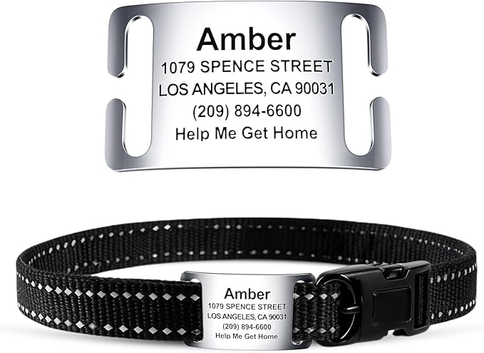 Text ONLY Dog Tags Personalized for Pets Cats Custom ID Laser Deep Engraving Stainless Steel Ultra Durable Up to 5 Text Inputs, Polished Curved Rectangular Arch, Large for 1" Collars