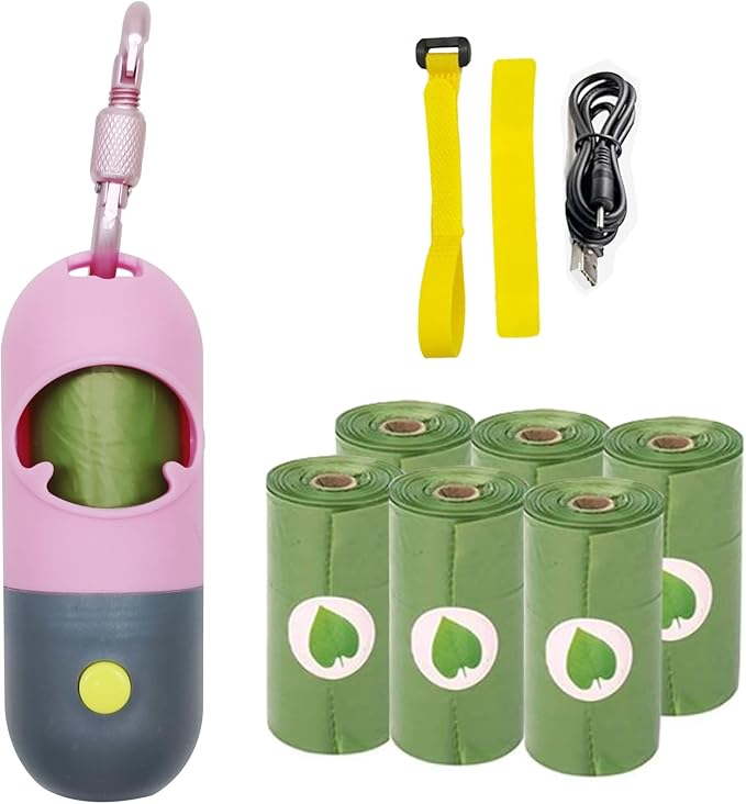 Dog Poop Bag Holder with 7 Rolls of Green Dog Waste Bags Poop Bag Holder with Rechargable Battery & USB Cable Poop Bag Dispenser with LED Flashlight (Pink), (fpq-cd)