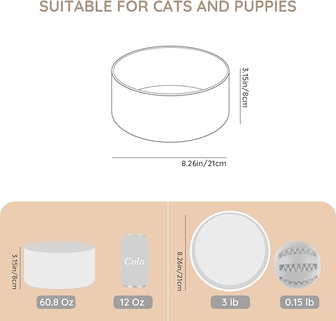 SPUNKYJUNKY 60OZ Ceramic Dog and Cat Bowl, Modern Cute Weighted Food Water Bowl for Replacement White (2 Pack)