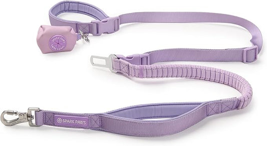 Spark Paws Handsfree Dog Leash – Shock Absorbing Waist Bungee Lead for Running, Car Seatbelt Clip & Poop Bag Set, Heavy Duty Tactical Lead for Medium, Large & X-Large Breeds - Lilac