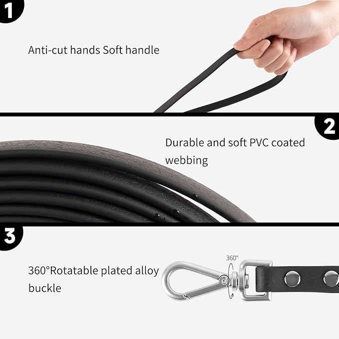 Dog Training Long Leash Waterproof Long Line Heavy Duty Outdoor Recall Lead 10ft 15ft 20ft 30ft 50ft for Small Medium Large Dog (Black, 50FT)
