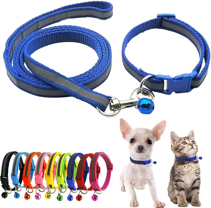 Dark Blue XS Puppy Collar with Bell Leash Set, Reflective Cat Collars Soft Adjustable Buckle for XXS Extra Small Medium Tiny Female Male Boys Girls Pets Dog Kitten Teacup Yorkie X-Small