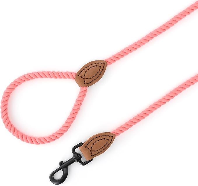 Mile High Life Dog Leash, Braided Cotton Rope Leashes with Leather Tailor Tip with Leather Tip - Heavy Duty Metal Clasp, 5FT, 1/2" Thick - Wedding, Walking Leash for Medium Large Dogs(Pink)