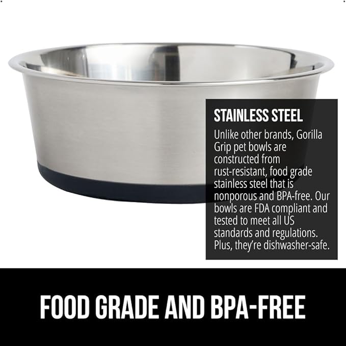 GORILLA GRIP Dog Bowls, Holds 4 Cups Each (32 fl oz), Heavy Duty Stainless Steel Food and Water Bowl for Feeding Dogs and Cats, Dishwasher Safe, Rust Resistant, BPA Free Rubber Base, Set of 2 Black