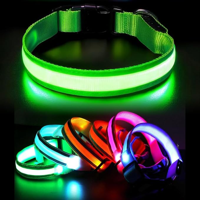 LED Dog Collar – Rechargeable Light Up Dog Collar for Night Walking, Waterproof Adjustable Nylon Pet Safety Collar with USB Charging for Small, Medium, and Large Dogs (Green, Large)