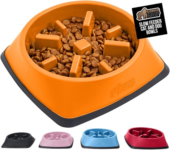 GORILLA GRIP Patented BPA Free Slow Feeder Dog Bowls, 4 Cup Interactive Puzzle Toy for Dogs and Cats Food Training Enrichment, Keeps Pets Busy and Prevents Puppy Overeating, Large Breeds, Orange