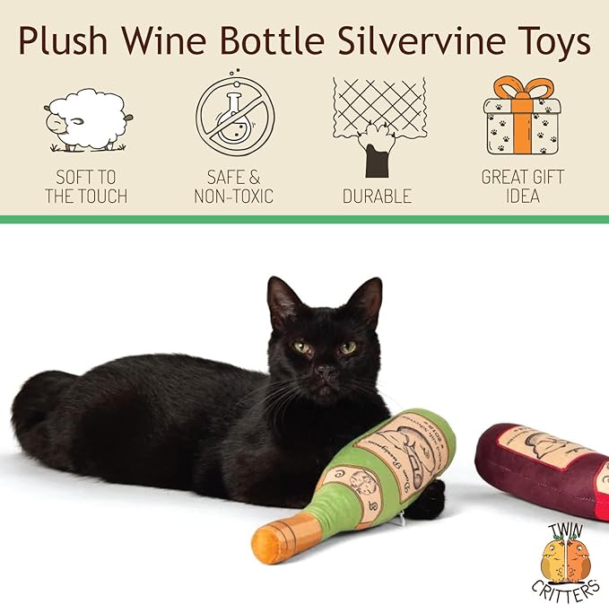 TWINCRITTERS KittiLush 2-Pack Organic Silvervine Catnip Substitute Toys for Cats & Kittens | 100% All-Natural Wild Harvested Silvervine | 2 Refillable Wine Bottle Kicker Cat Toys